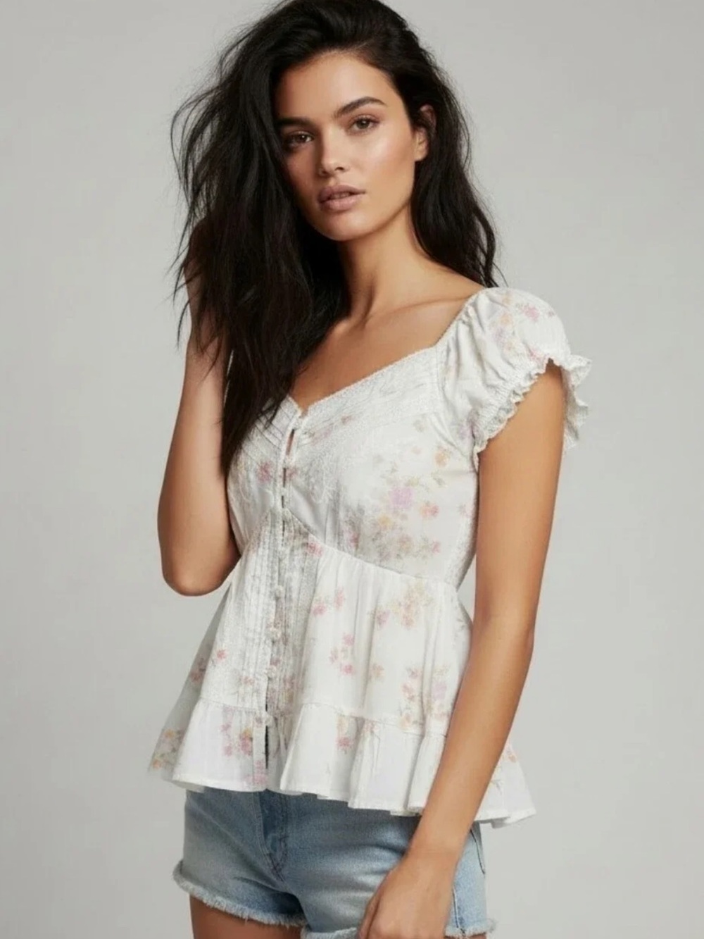 White Floral 100% Cotton Button-Front Women's Top